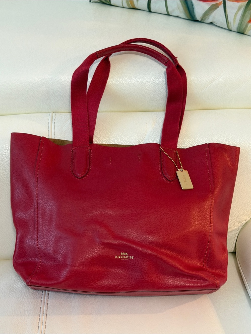 Coach Crimson Red Leather Tote with Signature Tag